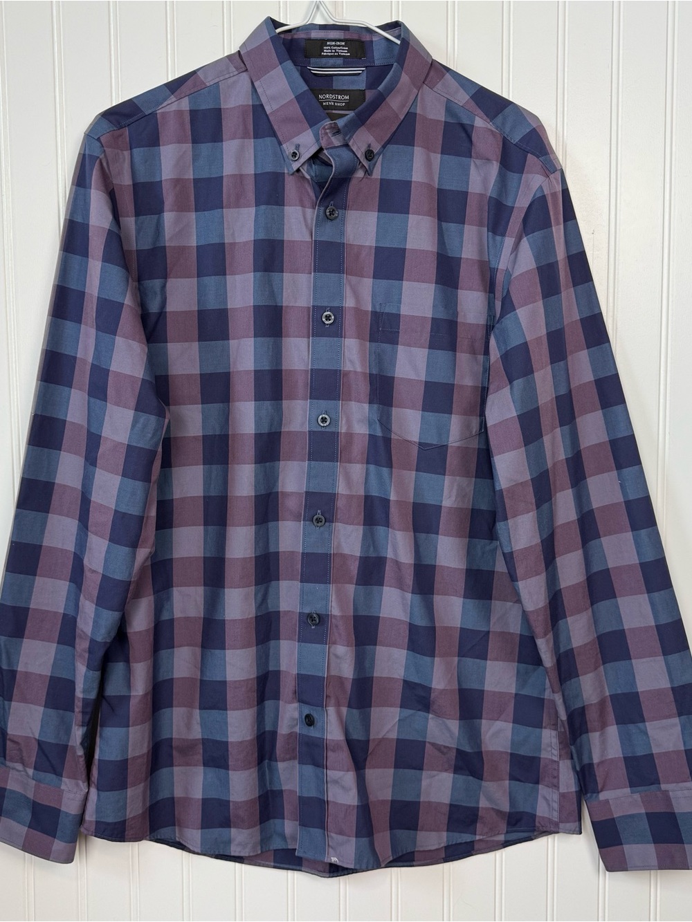 Nordstrom Men’s Shop Blue Purple Plaid Non-Iron Trim Fit Button Down Shirt M